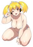  1girl bikini blonde_hair breasts cleavage headphones jinroku kneeling large_breasts looking_at_viewer nitroplus one_eye_closed open_mouth orange_eyes plump smile solo super_pochaco swimsuit thick_thighs thighs twintails 