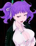  anze_(shi_shi_ji) bangs black_jacket breasts center_opening commentary_request covered_nipples dress_shirt ear_piercing eyelashes hair_ornament highres jacket jacket_on_shoulders large_breasts nipple_piercing no_bra open_mouth original piercing pink_lips purple_hair red_eyes safety_pin sanpaku sharp_teeth shi_shi_ji shirt short_hair short_twintails sleeves_rolled_up solo teeth tongue too_many twintails upper_body white_shirt 