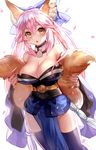  animal_ears bare_shoulders blue_legwear blush breasts cherry_blossoms cowboy_shot fate/extra fate/extra_ccc fate/grand_order fate_(series) fox_ears fox_tail gendo0032 hair_ribbon holding_own_tail large_breasts looking_at_viewer multiple_tails open_mouth petals pink_hair ribbon simple_background sleeveless solo tail tamamo_(fate)_(all) tamamo_no_mae_(fate) white_background yellow_eyes 