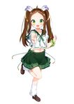  :d arm_scrunchie brown_hair character_request commentary_request feathers green_eyes green_neckwear green_ribbon green_scrunchie green_skirt hair_feathers highres kneehighs leg_up loafers long_hair loose_socks midriff navel official_art onsen_musume open_mouth outstretched_hand ribbon ribbon-trimmed_shirt ribbon_trim school_uniform scrunchie serafuku shirt shoes simple_background skirt smile socks solo standing standing_on_one_leg tousaki_shiina twintails v white_background white_legwear white_shirt wrist_scrunchie 
