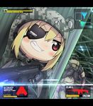  1girl assault_rifle black_eyepatch blonde_hair blush bulletproof_vest camouflage chest_armor chibi commentary_request cosplay digital_camouflage doma_umaru dutch_angle eyepatch fingerless_gloves fn_scar gameplay_mechanics gloves grin gun hair_between_eyes hamster_costume headband heads-up_display highres himouto!_umaru-chan holding holding_gun holding_weapon komaru letterboxed metal_gear_(series) metal_gear_solid minimap old_snake old_snake_(cosplay) rif rifle smile solid_eye stats tom_(drpow) v-shaped_eyebrows weapon 