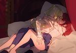  after_kiss bare_legs barefoot bed bed_sheet black_legwear blonde_hair blue_skirt brown_hair commentary diana_cavendish eye_contact girl_on_top hug indoors kagari_atsuko kneehighs little_witch_academia long_hair looking_at_another lying milk_puppy multiple_girls on_back on_bed open_mouth pillow red_eyes saliva saliva_trail school_uniform shirt skirt sweat tongue tongue_out undressing white_shirt yuri 