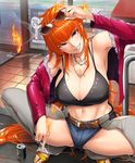 bare_shoulders beer_can blush breasts can chaps cigarette cleavage commentary_request convenience_store denim denim_shorts eyewear_on_head fire full_body grin highres jacket jewelry kamimura_maika large_breasts long_hair looking_at_viewer navel necklace off_shoulder official_art orange_hair outdoors parted_lips purple_eyes red_jacket sandals shop shorts sian smile solo spread_legs squatting sunglasses taimanin_(series) taimanin_asagi_kessen_arena teeth trash_can very_long_hair 
