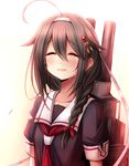  ^_^ ahoge black_hair black_serafuku blush braid closed_eyes collarbone commentary_request crying hair_between_eyes hair_flaps kantai_collection long_hair neckerchief parted_lips red_neckwear remodel_(kantai_collection) rizuriri school_uniform serafuku shigure_(kantai_collection) short_sleeves single_braid smile solo turret upper_body 