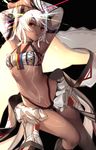  altera_(fate) armpits arms_up bandeau bangs commentary_request dark_skin detached_sleeves expressionless fate/extella fate/extra fate/grand_order fate_(series) gendo0032 glint midriff navel parted_lips red_eyes revealing_clothes short_hair showgirl_skirt sidelocks skirt solo sparkle thighs tsurime white_hair white_skirt 