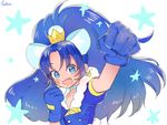  :d animal_ears blue_eyes blue_gloves blue_hair blue_neckwear blue_shirt choker clenched_hand crown cure_gelato earrings ekki extra_ears gloves jewelry kirakira_precure_a_la_mode lion_ears long_hair looking_at_viewer magical_girl mini_crown open_mouth precure shirt signature simple_background smile solo star tategami_aoi upper_body white_background 