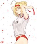  ahoge armpits arms_behind_head band-width blonde_hair braid buruma clothes_writing fate/grand_order fate_(series) from_side green_eyes gym_uniform hair_intakes headband highres nero_claudius_(fate) nero_claudius_(fate)_(all) olympian_bloomers petals pink_lips red_buruma red_headband short_sleeves smile solo tying_headband 