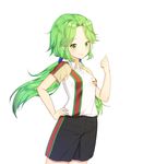  bad_id bad_pixiv_id black_shorts blush breasts character_request closed_mouth copyright_request eyebrows_visible_through_hair green_eyes green_hair hair_tubes hand_on_hip long_hair looking_at_viewer medium_breasts shorts smile soccer_uniform sportswear tp_(kido_94) twintails 
