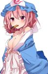  bangs blue_hat blush breasts cleavage cracker eyebrows_visible_through_hair food food_in_mouth frilled_sleeves frills hair_between_eyes hat highres japanese_clothes jpeg_artifacts karasusou_nano kimono looking_at_viewer medium_breasts mob_cap mouth_hold off_shoulder pink_eyes pink_hair saigyouji_yuyuko senbei short_hair simple_background solo touhou triangular_headpiece upper_body white_background wide_sleeves 