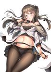  bangs bare_shoulders black_bow black_gloves black_legwear black_panties black_skirt bow breasts brown_hair cenangam cleavage closed_mouth commentary crop_top detached_collar eyebrows_visible_through_hair fingerless_gloves floating_hair girls_frontline gloves grey_hair groin hair_between_eyes hair_bow hair_ornament hairclip k-2_(girls_frontline) long_hair looking_at_viewer medium_breasts midriff miniskirt navel panties panties_over_pantyhose pantyhose showgirl_skirt simple_background skirt smile solo thighs underwear white_background 