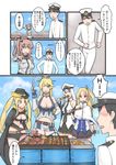  5girls :d :q ;d absurdres azur_lane barbecue bikini_top black_eyes black_hair blonde_hair blush breasts brown_hair cape capelet cleavage cleveland_(azur_lane) cloud comic contrapposto cowboy_shot crossover drum_(container) eating elbow_gloves enterprise_(azur_lane) fingerless_gloves food gloves green_eyes hat headgear highres hornet_(azur_lane) iowa_(kantai_collection) kantai_collection little_boy_admiral_(kantai_collection) long_hair looking_at_another meat military military_uniform miniskirt multiple_girls necktie neimu_resu off_shoulder one_eye_closed one_side_up open_mouth outdoors peaked_cap pleated_skirt pointing ponytail purple_eyes red_eyes remodel_(kantai_collection) running saratoga_(kantai_collection) shishkebab short_shorts shorts silver_hair skirt sky smile speech_bubble standing sweat tongs tongue tongue_out translation_request twintails uniform very_long_hair 