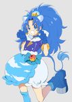  :d animal_ears bangs blue_bow blue_eyes blue_footwear blue_gloves blue_hair blue_legwear blue_neckwear blue_shirt blue_skirt boots bow choker cowboy_shot crown cure_gelato earrings gloves grey_background jewelry kirakira_precure_a_la_mode layered_skirt lion_ears lion_tail long_hair looking_at_viewer magical_girl mini_crown nagiko_(mangalove1111) open_mouth parted_bangs precure shirt simple_background single_thighhigh skirt smile solo standing standing_on_one_leg tail tategami_aoi thighhighs white_skirt 