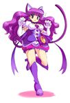  animal_ears boots breasts cat_ears cat_tail choker cure_macaron dress earrings elbow_gloves expressionless extra_ears food_themed_hair_ornament full_body gloves hair_ornament highres jewelry kamiyama_teten kirakira_precure_a_la_mode knee_boots kotozume_yukari layered_dress long_hair looking_at_viewer macaron_hair_ornament magical_girl medium_breasts precure purple_dress purple_eyes purple_footwear purple_hair purple_neckwear ribbon_choker simple_background solo standing standing_on_one_leg tail white_background white_gloves 