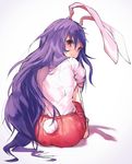  animal_ears ass asuzemu bangs barefoot blush bunny_ears bunny_tail closed_mouth commentary_request expressionless hair_between_eyes lavender_hair leg_hug long_hair looking_at_viewer looking_back pink_shirt pink_skirt purple_eyes purple_hair reisen_udongein_inaba shirt short_sleeves sitting skirt solo tail toes touhou very_long_hair white_shirt 