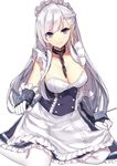  aosaki_yukina apron apron_lift azur_lane bangs belfast_(azur_lane) blue_dress blue_eyes braid breasts chain cleavage collar collarbone commentary_request dress elbow_gloves french_braid frills gloves kneeling large_breasts long_hair looking_at_viewer maid_headdress silver_hair simple_background smile solo swept_bangs waist_apron white_background white_legwear 