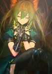  animal_ears atalanta_(fate) black_legwear blonde_hair blood bloody_tears closed_mouth fate/apocrypha fate/grand_order fate_(series) fox_ears gauntlets gradient_hair green_hair hair_between_eyes half-closed_eyes highres hoojiro light_particles long_hair looking_at_viewer looking_down multicolored_hair puffy_short_sleeves puffy_sleeves sad short_sleeves sitting solo thick_eyebrows thighhighs tsurime 