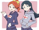  barbara_parker blue_eyes blue_hair bow commentary_request english_flag grey_eyes hair_bow hanna_england highres hood hoodie john_zhang little_witch_academia long_hair looking_at_viewer multiple_girls open_mouth orange_hair pleated_skirt ponytail pun short_eyebrows skirt smile yellow_bow 