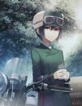  androgynous angel31424 black_hair brough_superior coat commentary cup expressionless fur_hat goggles goggles_on_headwear green_eyes ground_vehicle hat hermes jacket kino kino_no_tabi looking_at_viewer motor_vehicle motorcycle outdoors short_hair tree 