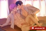  2boys anal ass barefoot black_hair blush bottomless character_request classroom cum desk drooling erection feet kiss lying multiple_boys naughty_face penetration penis purple_hair scar school sex smile student testicles toes yaoi yasaka_kumo 