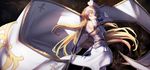  absurdres armor armored_dress blonde_hair breasts closed_eyes dress fate/apocrypha fate_(series) floating_hair from_behind highres jeanne_d'arc_(fate) jeanne_d'arc_(fate)_(all) long_hair medium_breasts sideboob solo standing very_long_hair white_dress yamaori_(yamaorimon) 