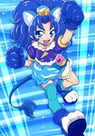  :d animal_ears arm_up blue blue_background blue_eyes blue_footwear blue_gloves blue_hair blue_legwear blue_neckwear blue_shirt blue_skirt choker clenched_hand crown cure_gelato dengeki_gx extra_ears gloves highres kirakira_precure_a_la_mode layered_skirt lion_ears lion_tail long_hair looking_at_viewer magical_girl mini_crown open_mouth plaid plaid_background precure shirt shoes single_thighhigh skirt smile solo tail tategami_aoi thighhighs white_skirt 