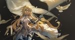  2017 absurdres armor armored_boots armored_dress banner bird black_legwear blonde_hair blue_eyes boots cowboy_shot dress eyebrows_visible_through_hair fate/apocrypha fate_(series) floating_hair fur_trim gauntlets highres holding holding_weapon jeanne_d'arc_(fate) jeanne_d'arc_(fate)_(all) long_hair ludou_maomao parted_lips signature sleeveless sleeveless_dress solo standing thigh_boots thighhighs very_long_hair weapon white_dress 