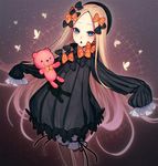  abigail_williams_(fate/grand_order) bad_id bad_pixiv_id black_bow black_dress blonde_hair bloomers blue_eyes bow bug butterfly commentary_request dress fate/grand_order fate_(series) forehead hair_bow hat highres insect large_forehead long_hair long_sleeves looking_at_viewer open_mouth orange_bow sleeves_past_fingers sleeves_past_wrists sokuse_kienta solo stuffed_animal stuffed_toy teddy_bear underwear very_long_hair 