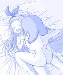  1boy 1girl =_= amano_miu barefoot bed_sheet blend_s blue blush_stickers closed_eyes commentary cowgirl_position from_above furrowed_eyebrows hair_ribbon hetero highres implied_sex kanzaki_hideri long_hair lying monochrome motion_lines nude on_back open_mouth otoko_no_ko pillow punching ribbon sketch straddling tears trembling viperxtr 