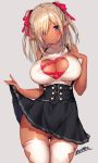  1girl artist_name bangs bare_shoulders black_skirt blonde_hair blush breasts cleavage cleavage_cutout commentary_request dark_elf dark_skin elf eyebrows_visible_through_hair gluteal_fold hair_ribbon large_breasts lifted_by_self long_hair looking_at_viewer matarou_(genkai_toppa) meme_attire nail_polish open-chest_sweater original parted_lips pointy_ears purple_eyes red_ribbon ribbon simple_background skirt skirt_lift sleeveless sleeveless_sweater smile solo standing sweater thighhighs turtleneck two_side_up white_legwear 