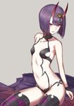  bare_shoulders breasts collarbone commentary emoto_reishi eyebrows_visible_through_hair eyes_visible_through_hair fate/grand_order fate_(series) grey_background highres horns jewelry light_smile looking_at_viewer medium_hair navel oni oni_horns parted_lips petite purple_eyes purple_hair shuten_douji_(fate/grand_order) simple_background small_breasts solo 