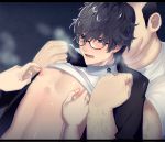  black_hair blush glasses lifting male_focus morimiya_(kuroro) multiple_boys nipples persona persona_5 restrained shirt_lift solo_focus tagme undressing yaoi 