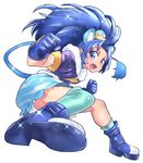  :d animal_ears blue_eyes blue_footwear blue_gloves blue_hair blue_legwear blue_neckwear blue_shirt blue_skirt boots choker clenched_hand crown cure_gelato extra_ears full_body gloves highres hori_(hori_no_su) kirakira_precure_a_la_mode lion_ears lion_tail long_hair looking_at_viewer magical_girl mini_crown open_mouth precure shirt simple_background single_thighhigh skirt smile solo tail tategami_aoi thighhighs white_background 