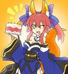  animal_ears breasts cake cleavage collarbone commentary fang fate/extra fate/grand_order fate_(series) food fox_ears fox_tail highres large_breasts mark_folks one_eye_closed open_mouth pink_hair solo tail tamamo_(fate)_(all) tamamo_no_mae_(fate) yellow_eyes 