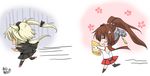  2girls anchor bangs black_legwear blush_stickers brown_hair cat cherry_blossoms chibi closed_eyes commentary_request dark_skin facing_another fleeing gloom_(expression) hair_intakes haramaki high_ponytail hip_vent kantai_collection long_hair multiple_girls musashi_(kantai_collection) open_mouth platinum_blonde_hair profile rectangular_eyewear red_footwear rudder_shoes running sideways_mouth thighhighs yamato_(kantai_collection) 