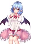  :&gt; bat_wings between_legs blue_hair bow bowtie closed_mouth hand_between_legs hand_up highres juliet_sleeves junior27016 long_sleeves looking_at_viewer pink_skirt pointy_ears puffy_sleeves red_eyes red_neckwear remilia_scarlet simple_background sitting skirt smile solo touhou white_background wings 