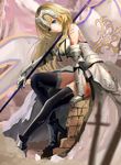  absurdres arm_support armor armored_dress black_legwear blonde_hair blue_eyes dress fate/apocrypha fate_(series) floating_hair gauntlets high_heels highres jeanne_d'arc_(fate) jeanne_d'arc_(fate)_(all) long_hair looking_at_viewer outdoors shi-ro sitting sleeveless sleeveless_dress smile solo thighhighs torn_clothes torn_legwear white_dress 