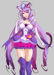 ahoge animal_ears blue_legwear breasts cat_ears cat_tail cleavage commentary_request cosplay cure_macaron cure_macaron_(cosplay) don_(rg06268) earrings elbow_gloves extra_ears gloves grey_background highres jewelry kirakira_precure_a_la_mode large_breasts long_hair looking_to_the_side macross macross_delta magical_girl mikumo_guynemer open_mouth precure purple_hair red_eyes simple_background smile solo standing tail thighhighs very_long_hair white_gloves zettai_ryouiki 