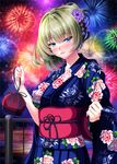  blue_eyes blush breasts brown_hair fireworks floral_print green_eyes heterochromia highres idolmaster idolmaster_cinderella_girls japanese_clothes kimono looking_at_viewer medium_breasts mole mole_under_eye parted_lips sash short_hair smile solo takagaki_kaede tied_hair yukata yuuzuki_hijiri 