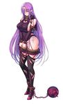  1girl bondage breasts chains curvy demon_girl female horn huge_breasts long_hair looking_at_viewer nimie nipples no_bra purple_hair saijou_satoru shiny_skin simple_background solo sweater taimanin_(series) taimanin_asagi taimanin_asagi_battle_arena thong white_background 