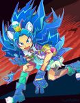  :d animal_ears blue_bow blue_eyes blue_footwear blue_gloves blue_hair blue_legwear blue_shirt blue_skirt bow chuubatsu_nagano crown cure_gelato full_body gloves highres kirakira_precure_a_la_mode lion_ears lion_tail long_hair looking_at_viewer magical_girl mini_crown open_mouth precure shirt shoes signature skirt smile socks solo spiked_hair tail tategami_aoi wide-eyed 
