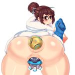  1girl anus ass blush breasts brown_eyes brown_hair coat drone glasses gloves hair_pin huge_areolae huge_ass huge_breasts looking_back mato_spectoru mei_(overwatch) nipples object_insertion overwatch pussy robot snowball_(overwatch) white_background 