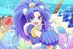  :d animal_ears blue_bow blue_eyes blue_gloves blue_hair blue_shirt bow check_(check_book) clenched_hand cure_gelato earrings extra_ears food gloves heart ice_cream jewelry kirakira_precure_a_la_mode lion_ears lion_tail long_hair looking_at_viewer magical_girl object_namesake open_mouth precure shirt smile solo tail tategami_aoi upper_body 