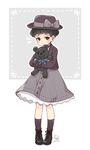  artist_name black_eyes black_hair blush boots bow credence_barebone dress fantastic_beasts_and_where_to_find_them hat male_focus nightcat otoko_no_ko simple_background solo stuffed_animal stuffed_toy teddy_bear white_background younger 