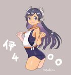  artist_name ass black_hair blue_swimsuit character_name cowboy_shot i-400_(kantai_collection) kantai_collection long_hair looking_at_viewer looking_back mogamiya_honu multicolored_hair open_mouth orange_sailor_collar purple_background purple_eyes purple_hair sailor_collar sailor_shirt school_swimsuit shirt simple_background sleeveless sleeveless_shirt solo swimsuit swimsuit_under_clothes two-tone_hair 