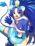  :d animal_ears blue_bow blue_eyes blue_footwear blue_gloves blue_hair blue_legwear blue_neckwear blue_shirt blue_skirt bow choker clenched_hand cowboy_shot crown cure_gelato earrings extra_ears fuotchan gloves highres jewelry kirakira_precure_a_la_mode layered_skirt lion_ears lion_tail long_hair looking_at_viewer magical_girl mini_crown open_mouth precure shirt shoes simple_background skirt smile solo tail tategami_aoi thighhighs white_background white_skirt 