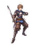  belt breastplate brown_hair brown_pants fighter_(granblue_fantasy) full_body gauntlets gran_(granblue_fantasy) granblue_fantasy legs_apart looking_at_viewer male_focus minaba_hideo official_art pants pointing pointing_at_viewer sheath smile solo sword transparent_background weapon 