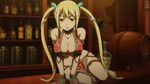  1girl animated animated_gif barefoot bikini blonde_hair breasts fairy_tail feet floral_pattern harem_outfit large_breasts long_hair lucy_heartfilia seductive_smile twintails 