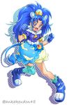  :d absurdres animal_ears ankake_(ankakeudon48) blue_bow blue_eyes blue_footwear blue_gloves blue_hair blue_legwear blue_neckwear blue_shirt blue_skirt bow bubble_skirt choker clenched_hand commentary_request crown cure_gelato drop_shadow earrings extra_ears full_body gloves highres jewelry kirakira_precure_a_la_mode layered_skirt lion_ears lion_tail long_hair looking_at_viewer magical_girl mini_crown open_mouth precure shirt shoes simple_background single_thighhigh skirt smile solo tail tategami_aoi thighhighs twitter_username white_background white_skirt 