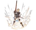  arthur_(granblue_fantasy) blonde_hair energy full_body granblue_fantasy holding holding_sword holding_weapon looking_at_viewer male_focus minaba_hideo official_art open_mouth order_of_the_white_dragon_uniform red_eyes shorts solo sword transparent_background weapon 