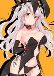  alternate_costume animal_ears azur_lane bangs bare_shoulders black_legwear blush breasts brown_eyes bunny_ears cleavage collarbone commentary_request contrapposto cowboy_shot curly_hair detached_collar detached_sleeves eyebrows_visible_through_hair grabbing_own_breast hair_between_eyes hair_ribbon head_tilt highres large_breasts latex long_hair looking_at_viewer minikon mole mole_on_breast multicolored_hair navel panties parted_bangs prinz_eugen_(azur_lane) red_hair ribbon self_fondle side-tie_panties sidelocks silhouette silver_hair simple_background skindentation solo standing thighhighs two_side_up underwear wrist_cuffs yellow_background 